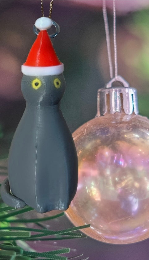 Soetta Santa Cat Christmas Tree Ornament - Made in USA - Miniature Gray Santa Cat with Hanging String (Gray Santa Cat)