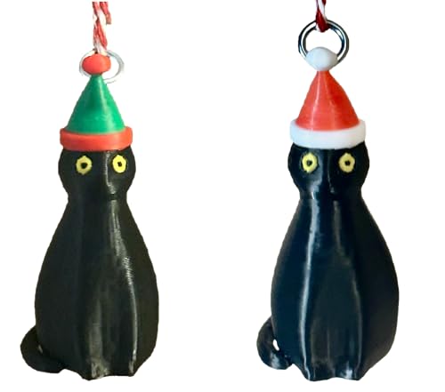Soetta Santa Cat and Elf Cat Christmas Tree Ornaments - Made in USA - Miniature Black Cat with Santa Hat and Holiday Hanging String