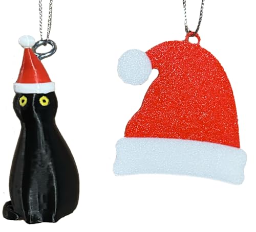 Soetta Cat Christmas Tree Ornaments - Made in USA - Miniature Black Santa and Santa Hat Ornaments (Black Santa Cat + Santa Hat)