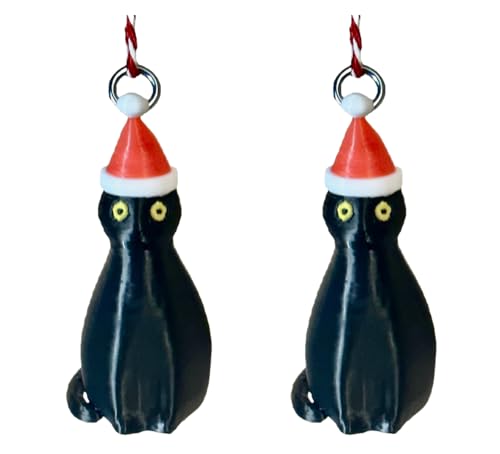 Soetta Santa Cat Christmas Tree Ornament - Made in USA - Miniature Black Cat with Santa Hat and Holiday Hanging String (Two Black Santa Cats (2))