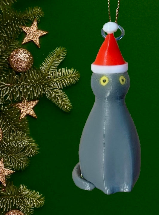 Soetta Santa Cat Christmas Tree Ornament - Made in USA - Miniature Gray Santa Cat with Hanging String (Gray Santa Cat)